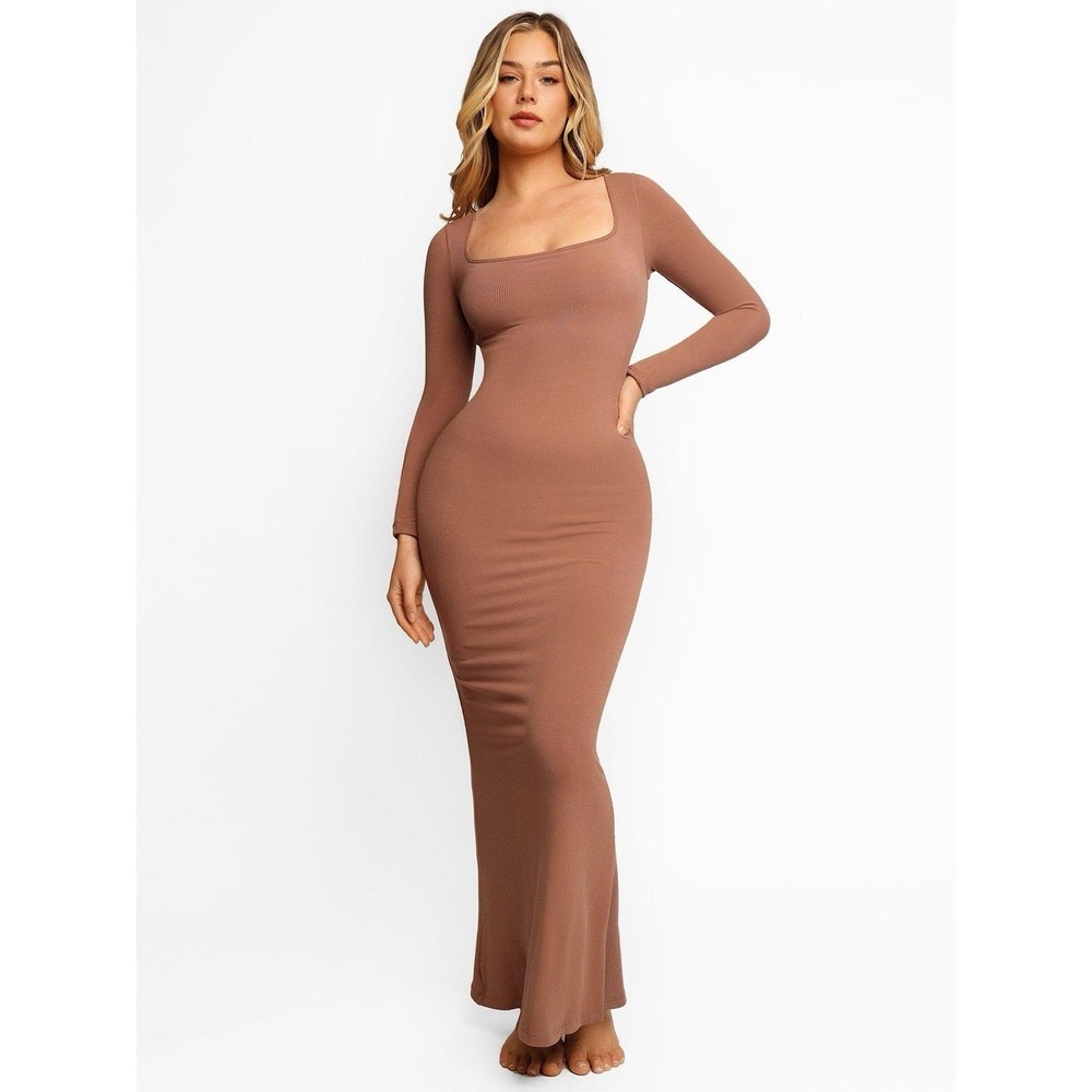 Popilush Women's Long Sleeve Maxi Dress Size XL Light Brown Built-In Shapewear